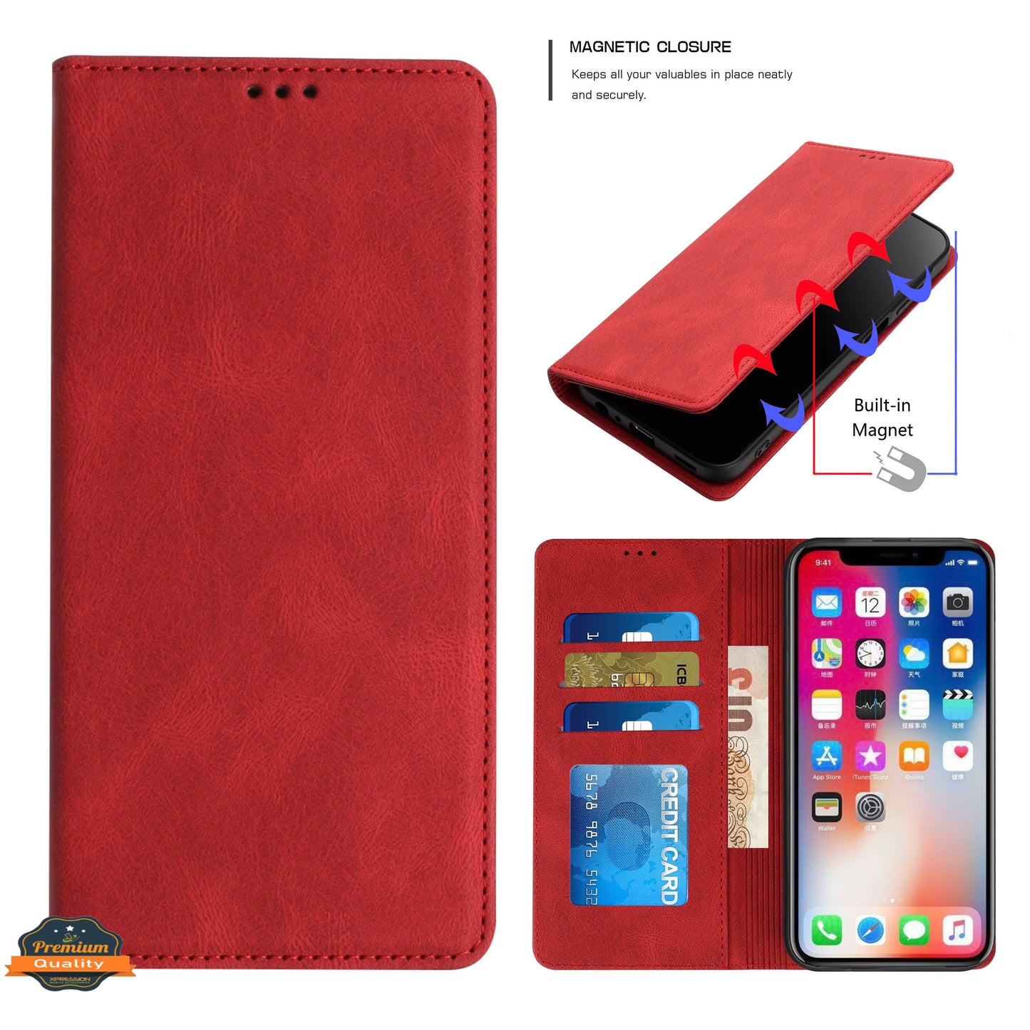 For Apple iPhone 16 Pro (6.3") PU Leather Pouch Flip Folio Wallet ID Credit Card Slots Money Holder with Magnetic Closure & Kickstand Case Cover