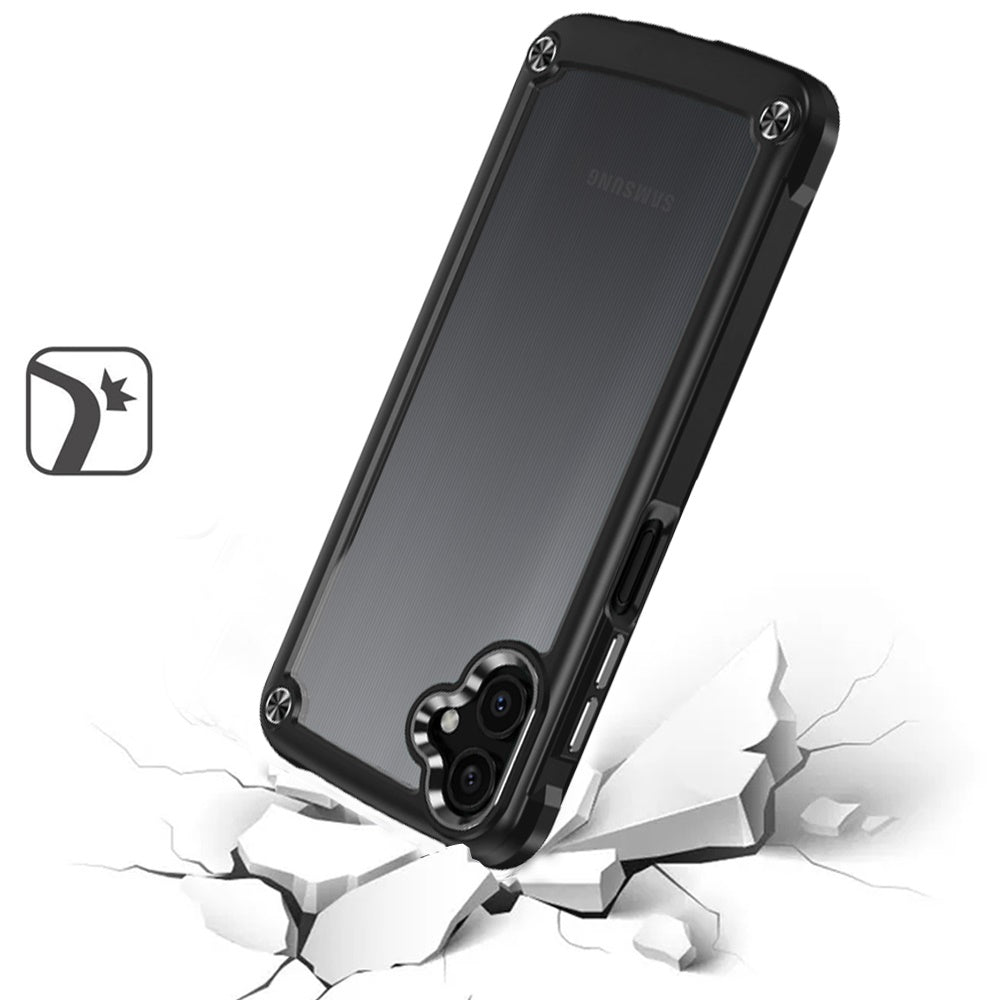 For Samsung Galaxy A26 Hybrid Transparent Rubber with Metal Buttons & Camera Edges Hard TPU Corner Frame Bumper Case Cover