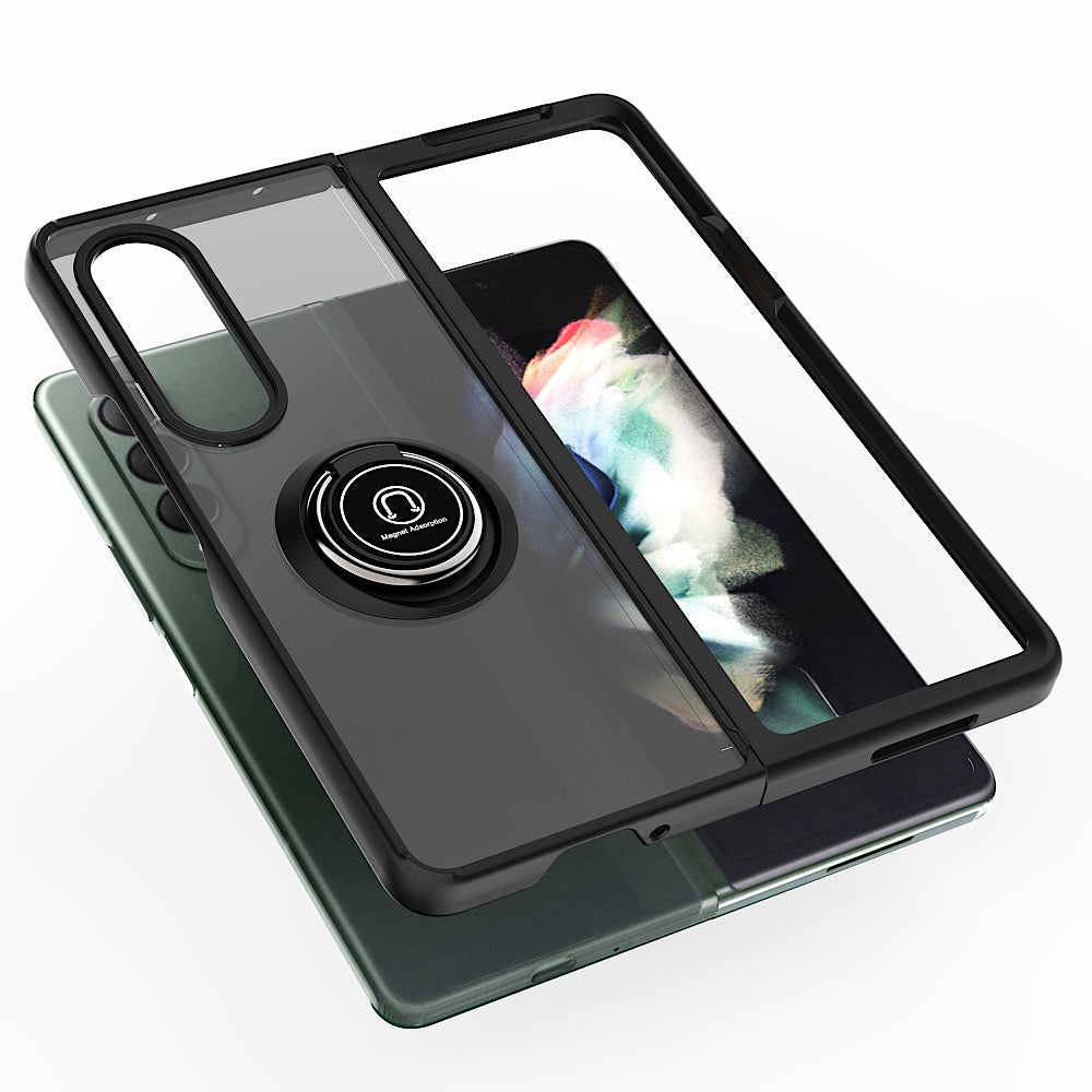 For Samsung Galaxy Z Fold 7 Semi Transparent Matte Hybrid Protective PC & TPU Shockproof with 360° Rotation Ring Stand Case Cover