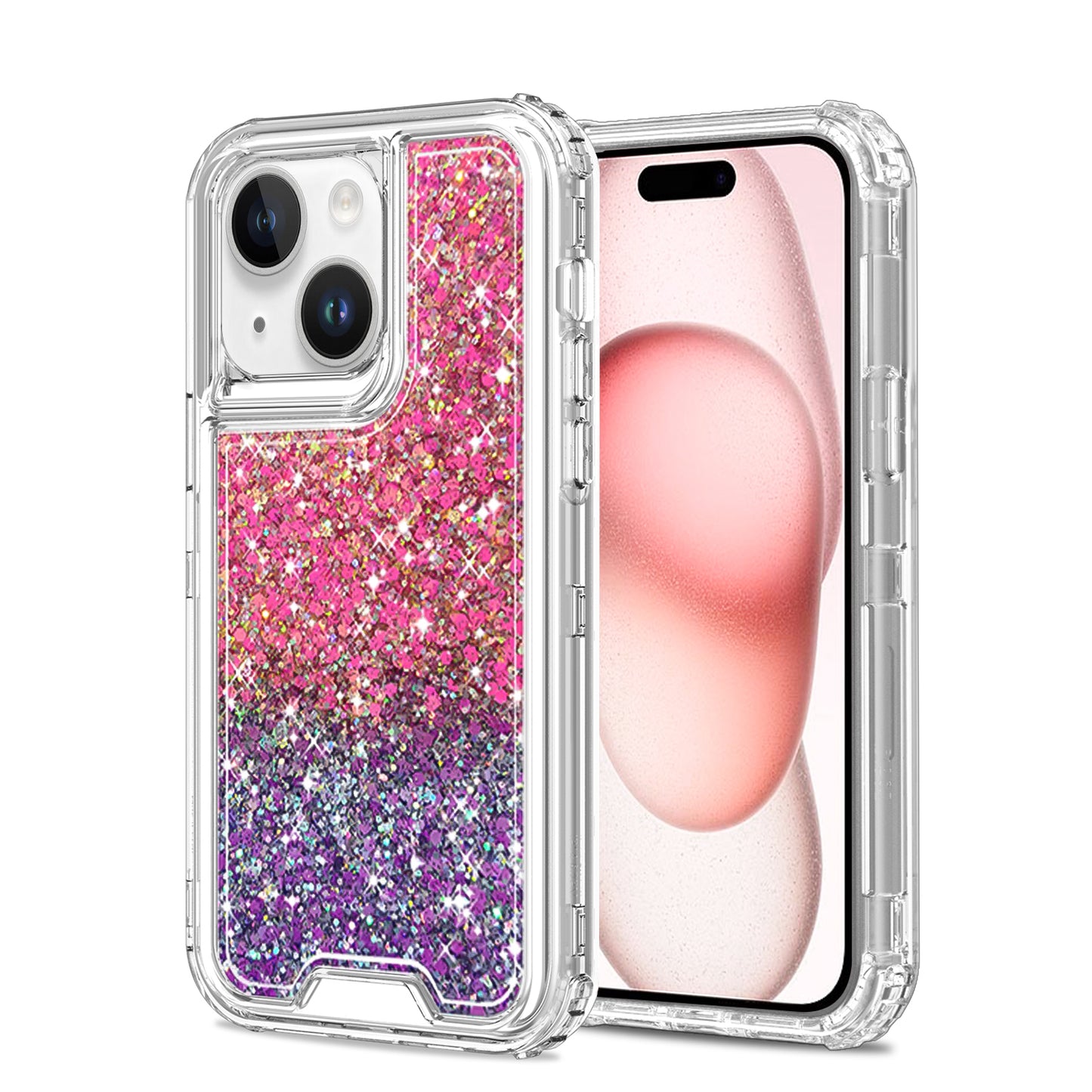 For Samsung Galaxy A16 5G Epoxy Bling Glitter Sparkly 3in1 Shockproof Transparent Hybrid Shockproof Full Body PC Bumper Case Cover Hot Pink + Purple