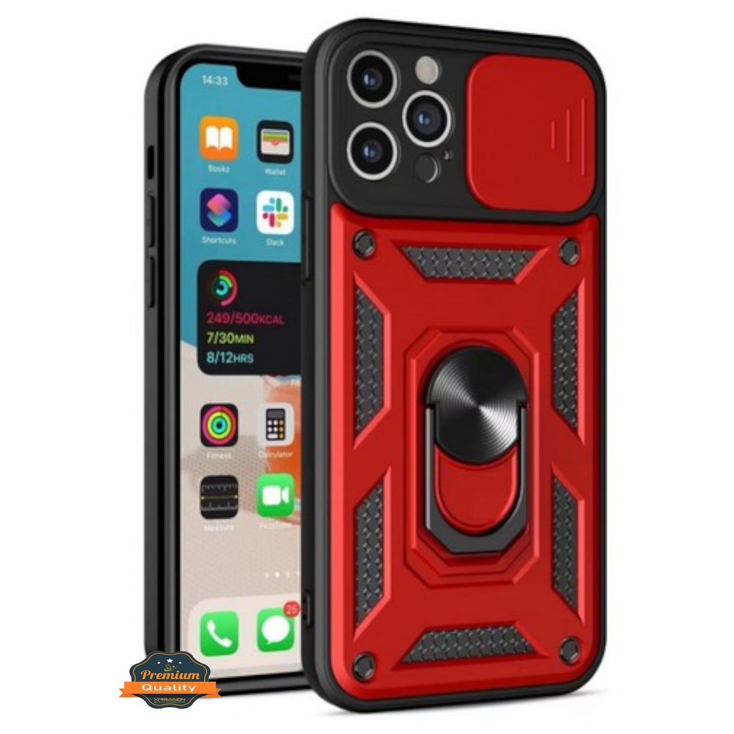 For Apple iPhone 15 (6.1") Built in Sliding Camera Lens Protection & Finger Ring Stand Holder Hybrid PC Shockproof Phone Case Cover