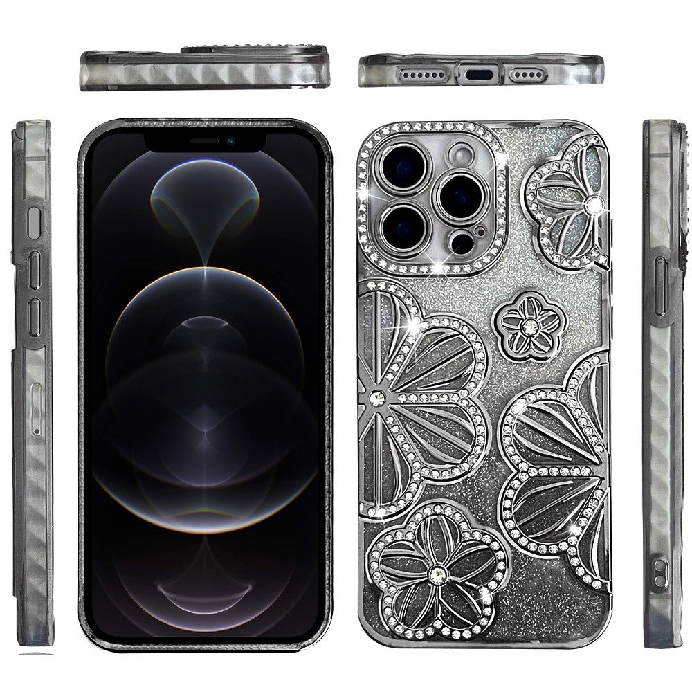 For Samsung Galaxy A16 5G Luxury Flower Design Sparkle Glitter Diamond Rhinestone Shimmer Bling Plating Thick TPU Hard PC Case Cover Flower Black