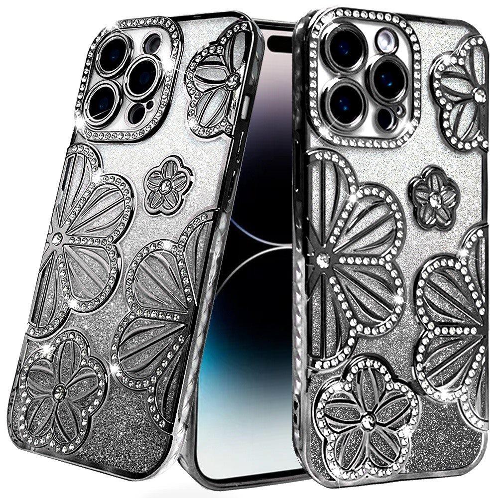 For Apple iPhone 16 Pro (6.3") Luxury Floral Design Sparkle Glitter Diamond Crystal Rhinestone Shimmer Bling Plating Thick TPU Hard PC Case Cover