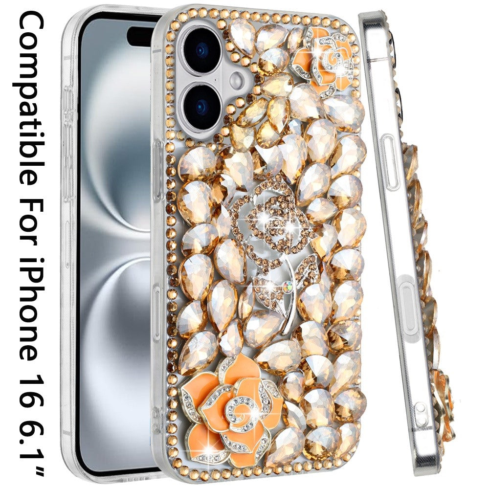 For Apple iPhone 16 Pro (6.3") Bling Crystal 3D Full Diamonds Luxury Sparkle Rhinestone Hybrid Protective Case Cover