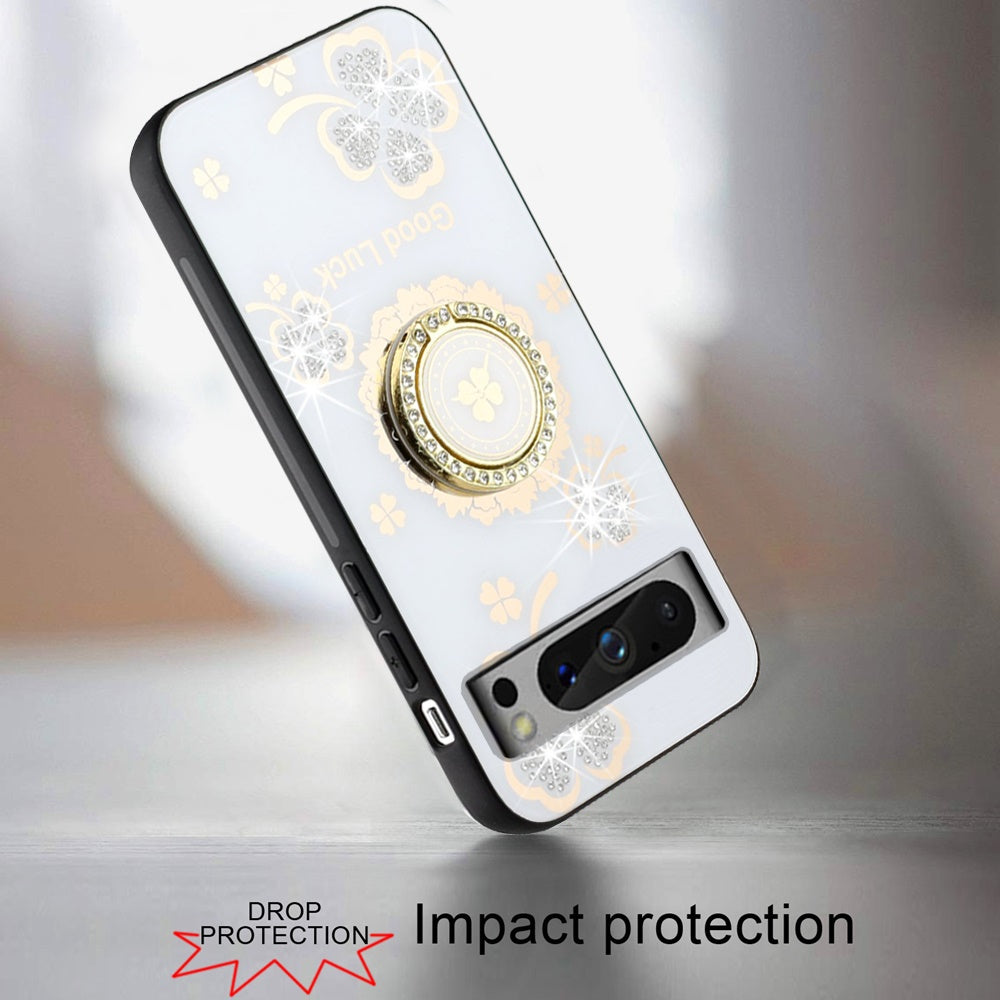 For Samsung Galaxy Z Fold 7 Diamonds 3D Fashion Floral Bling Sparkly Glitter Ornaments Engraving Hybrid with Ring Stand Case Cover White Good Luck Floral