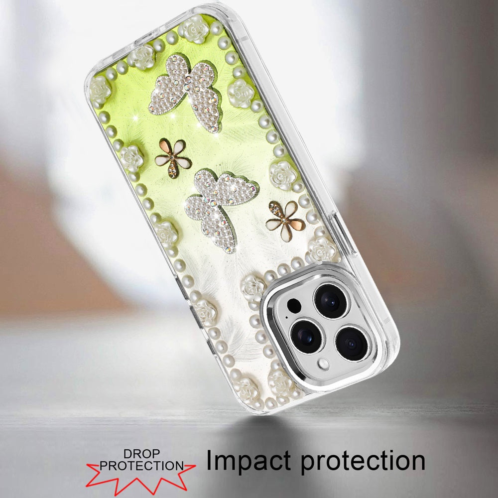 For Samsung Galaxy A36 Bling Fashion Design with 3D Pearls Epoxy Glitter Ornaments Chrome Edge Hard Slim PC Case Cover