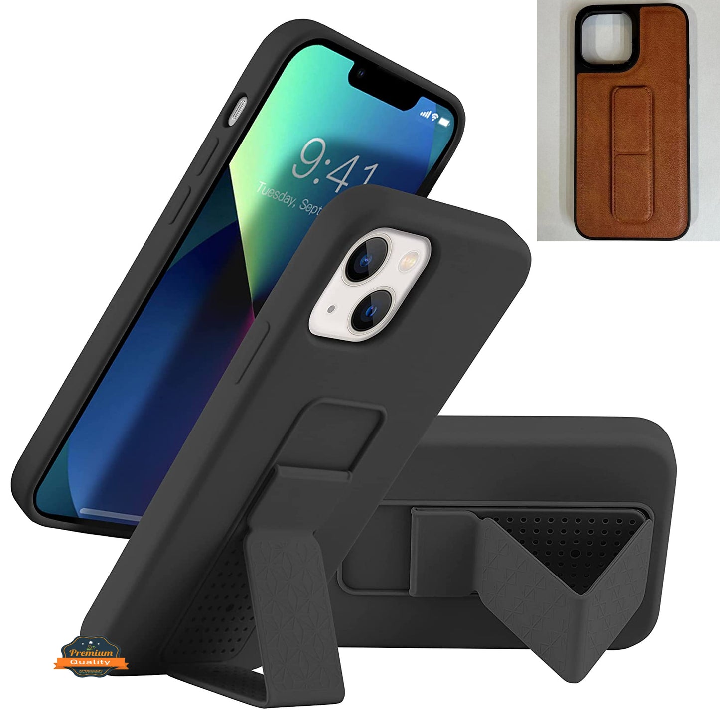 For Apple iPhone 15 Pro (6.1") PU Leather Back Foldable Kickstand Hand Strap Stand Hybrid Heavy Duty Shockproof Phone Case Cover