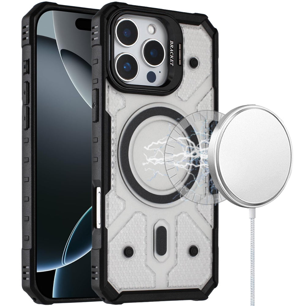 For Apple iPhone 16 Pro Max Transparent Tough Dotted Magnetic Case with Camera Stand & Hybrid Grip Shockproof Case Cover