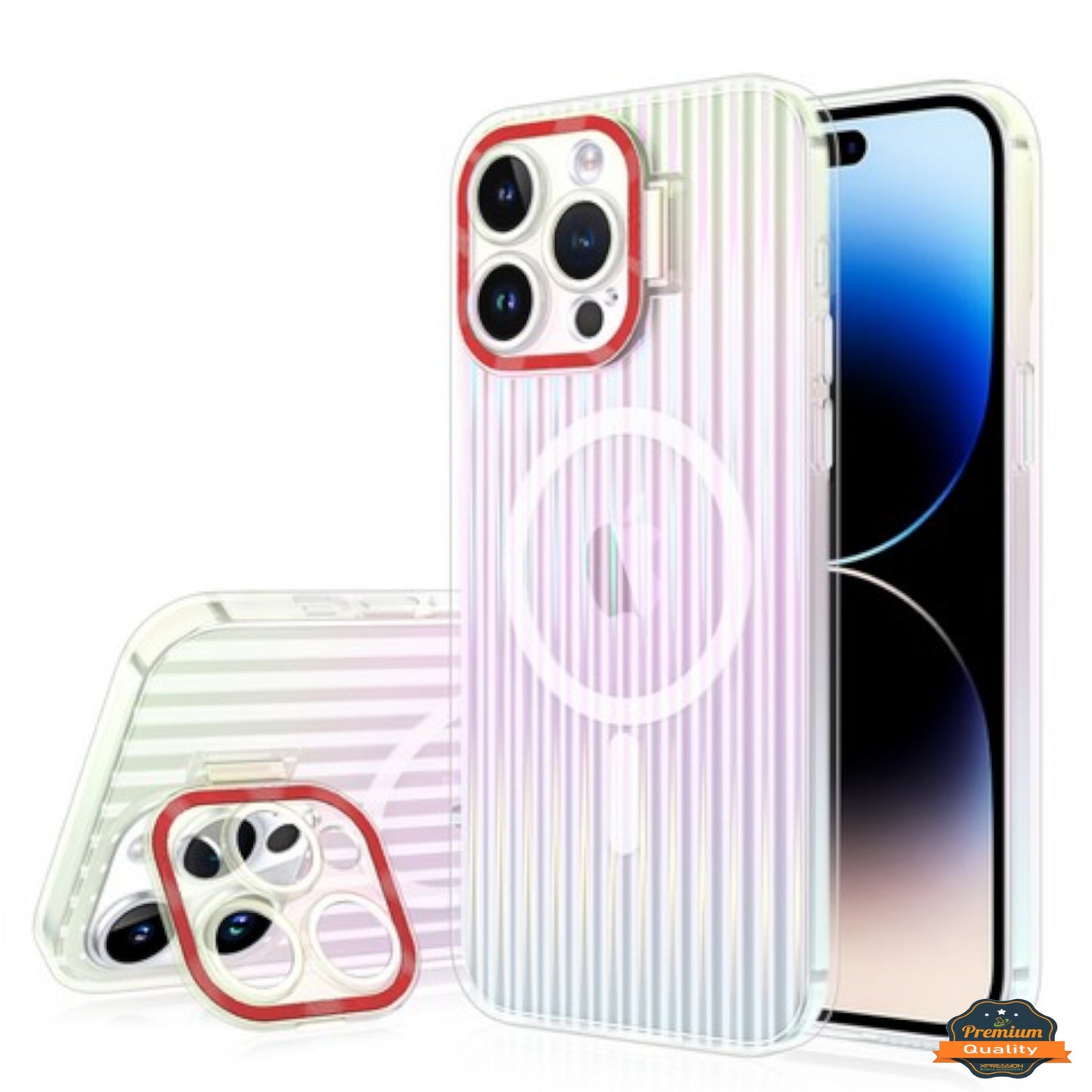 For Apple iPhone 15 Pro Max (6.7") Built-in Camera Kickstand Shockproof Iridescent Holographic Colorful TPU Protective Phone Case Cover