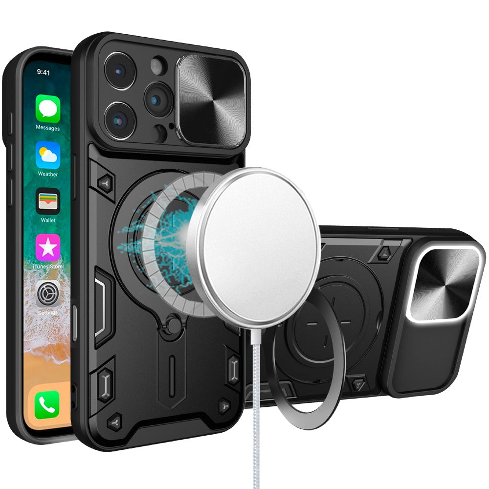 For Apple iPhone 16 Plus (6.7") Hybrid Magnetic Circle 360° Ring Kickstand with MagSafe Compatible & Camera lens Protector Case Cover