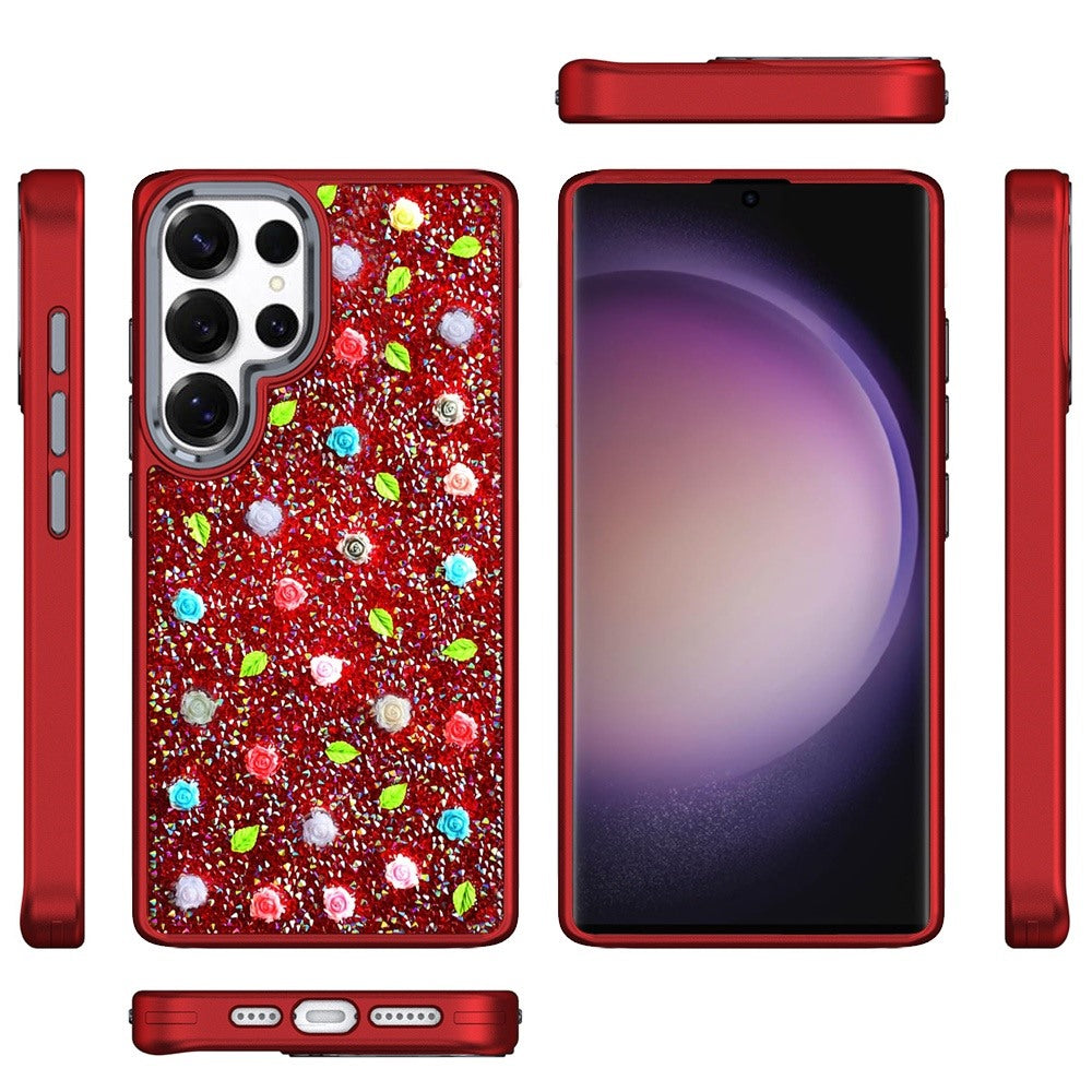 For Samsung Galaxy S25 Ultra Floral Design Embedded Glass Diamond Fancy Fashion Glitter Bling Sparkly Hybrid Rugged TPU Bumper Case Cover