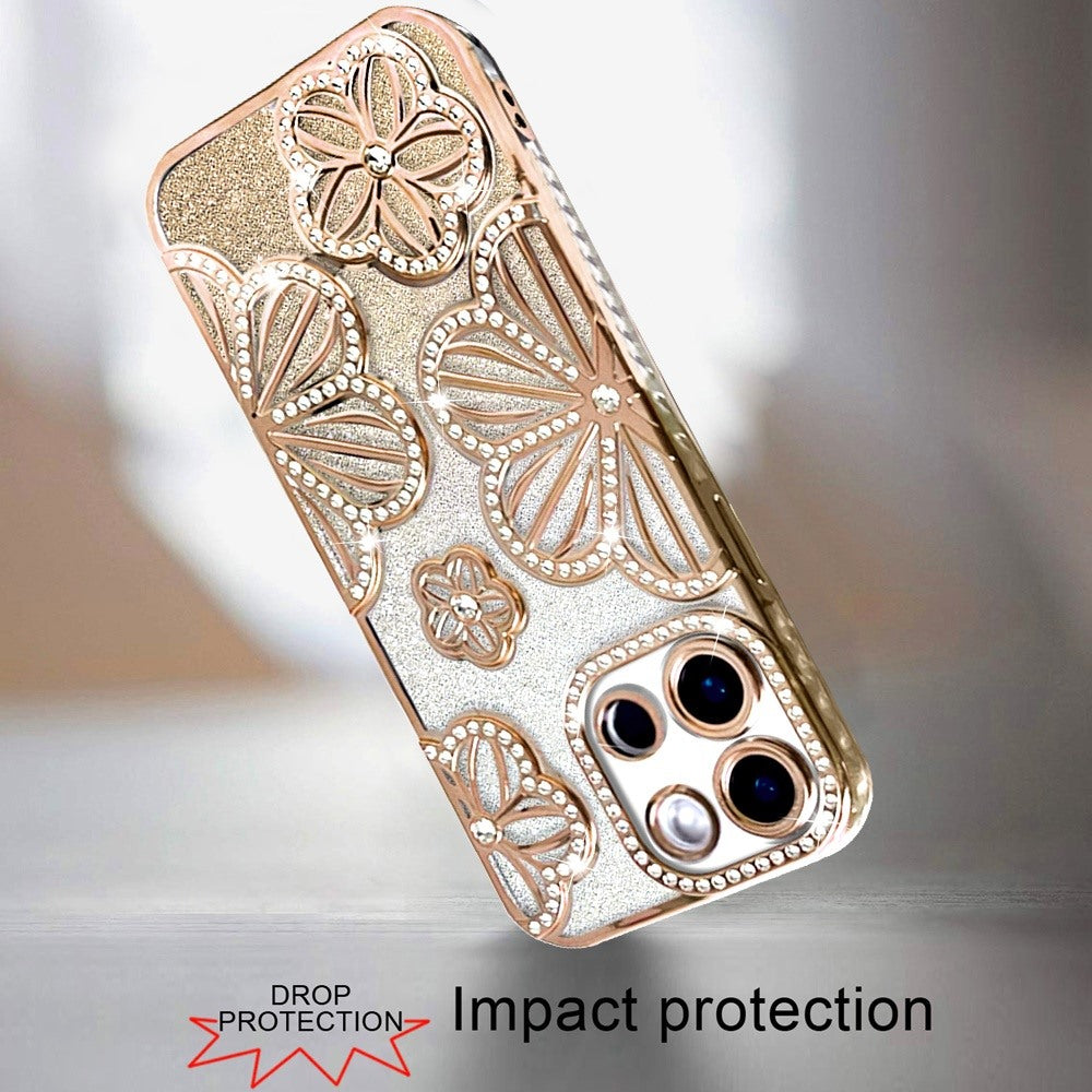 For Samsung Galaxy A16 Luxury Flower Design Sparkle Glitter Diamond Rhinestone Shimmer Bling Plating Thick TPU Hard PC Case Cover Flower Gold