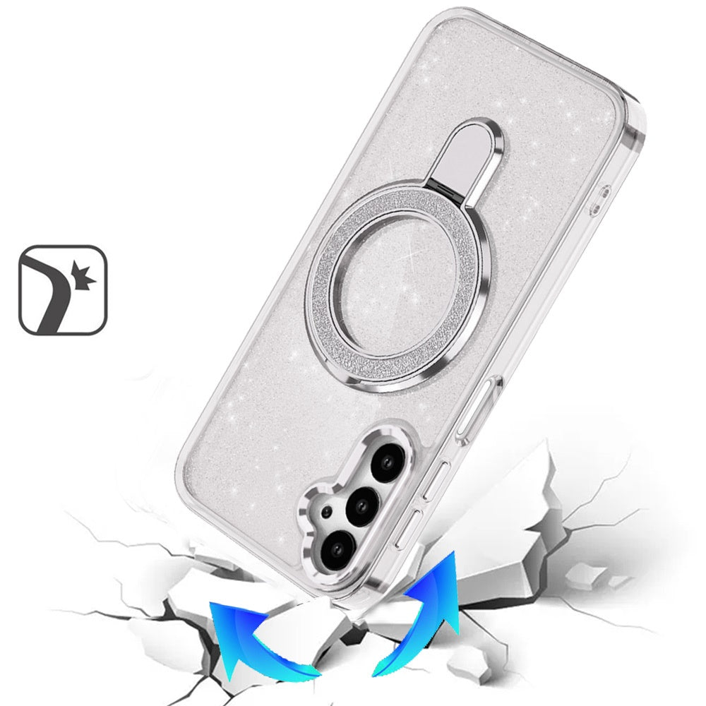 For Samsung Galaxy A16 5G Transparent Glitter Bling Case with Rotating Magnetic Ring Stand, Shockproof Hybrid Case Cover