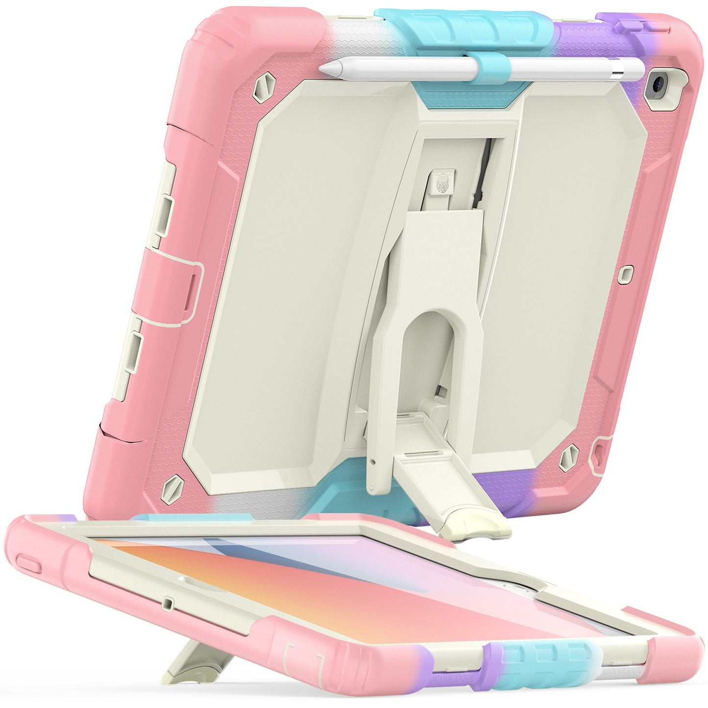 For Heavy Duty Hybrid Full Body 2in1 Rugged Shockproof Drop Protective Tablet with Slide Kickstand Beige / Camo Pink Tablet Case Cover