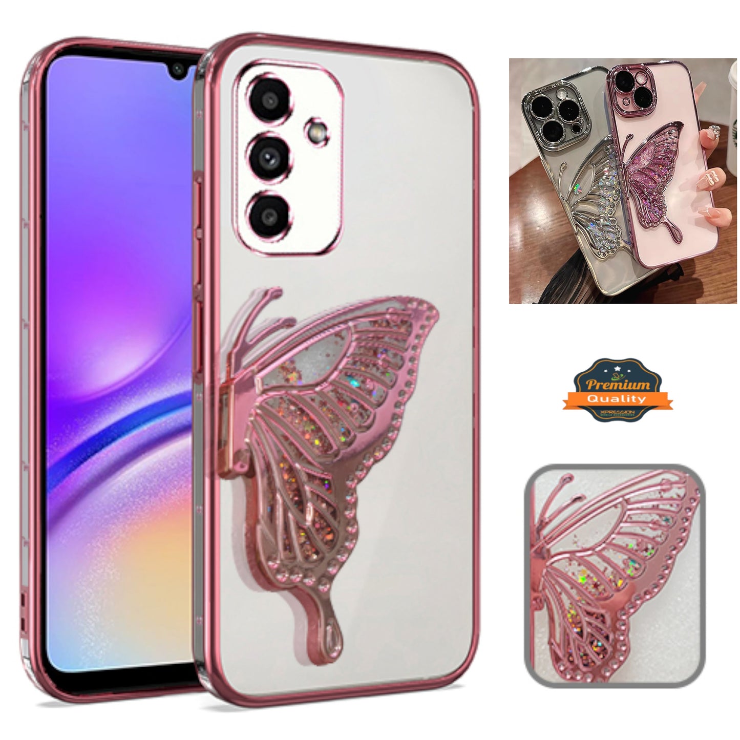 For Samsung Galaxy A16 Glitter 3D Butterfly Bling Case, Chrome Electroplate Sparkle Liquid Flowing Plating Hybrid Bumper Case Cover