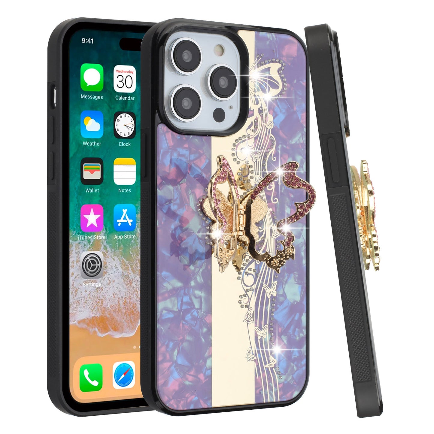 For Samsung Galaxy A06 Diamonds 3D Butterfly Bling Sparkly Glitter Ornaments Engraving Hybrid with Ring Stand Fashion Case Cover Enchanted Butterfly Purple