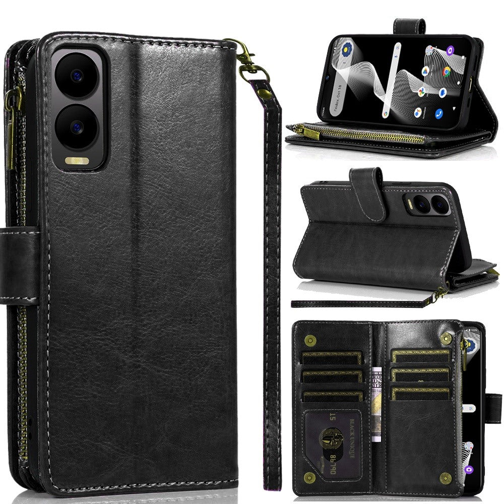 For Samsung Galaxy S25+ /S25 Plus /S24+ Plus Leather Wallet Case with Zipper, 9 Card Slots, Cash Pocket, Stand & Strap, Clutch Pouch Design Case Cover Black
