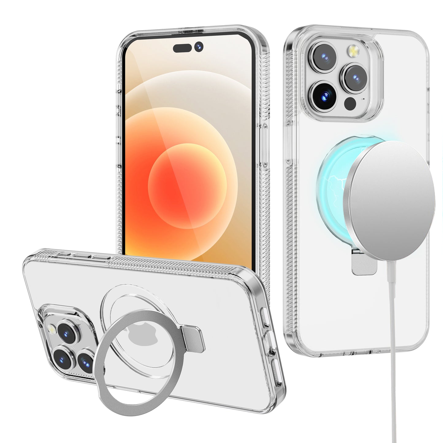 For Apple iPhone 16 Plus (6.7") Transparent HQ Magnetic Ring Circle Stand with MagSafe Compatible Hybrid Dotted Edged Case Cover