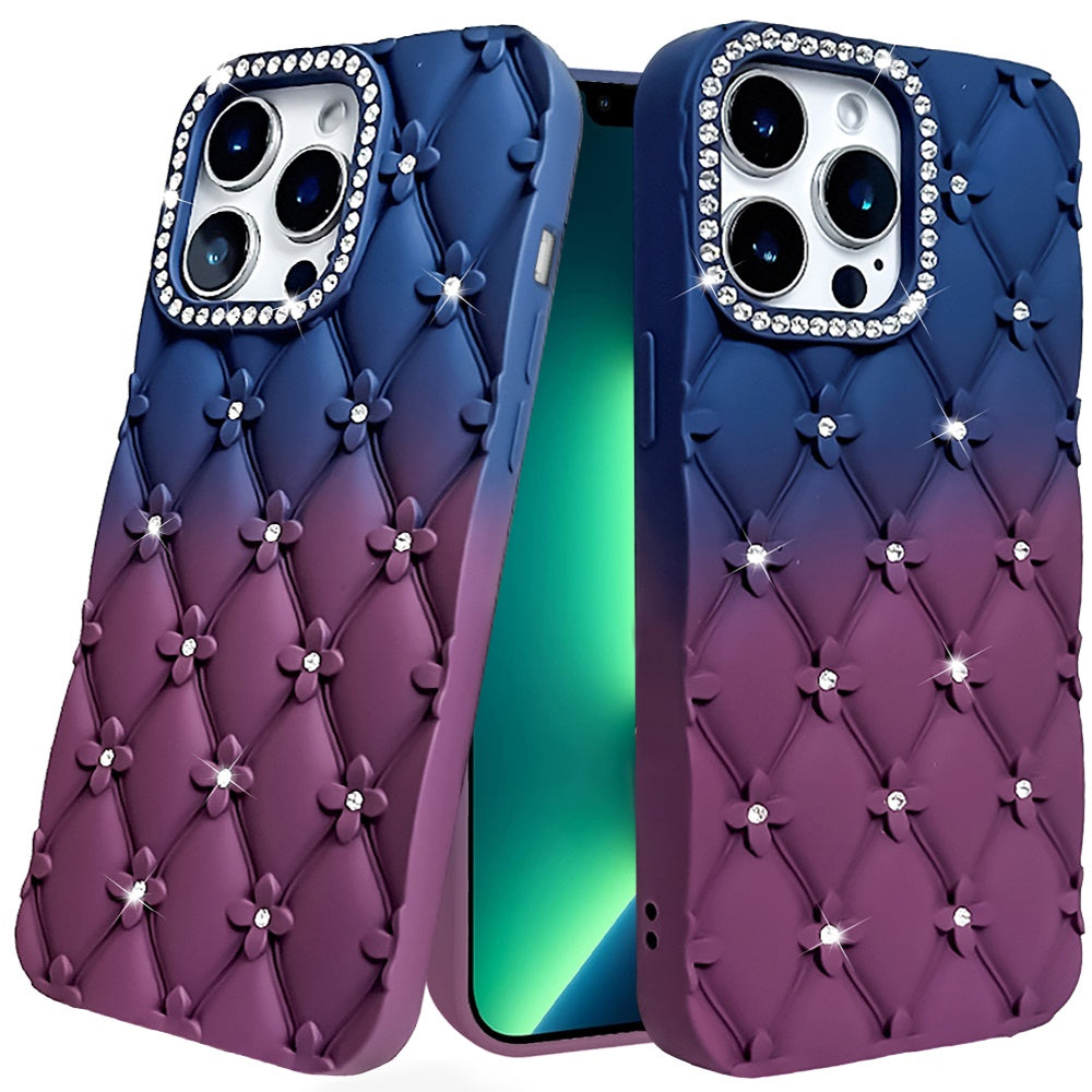 For Samsung Galaxy S25+ /S25 Plus /S24+ Plus Fashion Flower Design Sparkle Glitter Shimmer Rhinestone Bling Floral Accents, Leather Texture TPU Case Cover Dark Blue /Burgundy