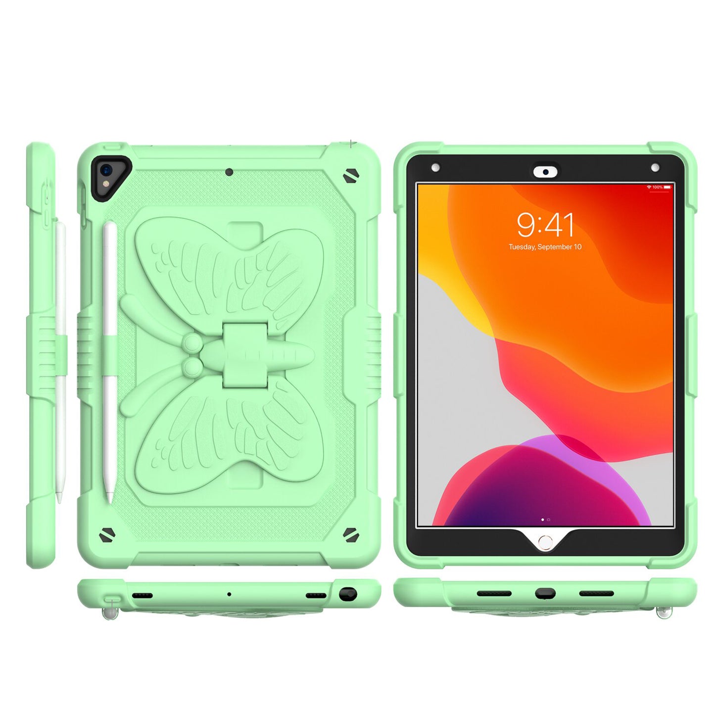For Butterfly Wings Kickstand 3in1 Tough Hybrid with Pencil Holder Heavy Duty Rugged Shockproof Full Protective Green Tablet Case Cover