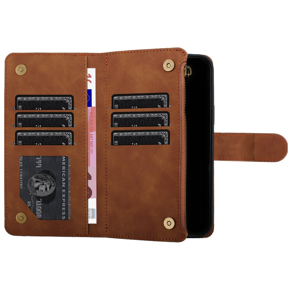 For Apple iPhone 16e (E edition) PU Leather Wallet Design Jewel Bling with Credit Card Holder Flip Folio Pouch Zipper Purse Wrist Strap Case Cover