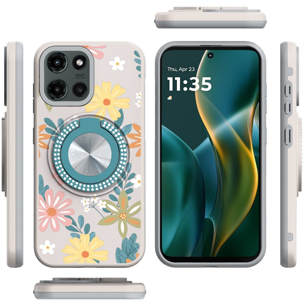 For Samsung Galaxy A16 Pattern Design Hybrid with Invisible Ring Stand & Magnetic Back, Shockproof Protective Grip Case Cover Summer Blossom Flowers