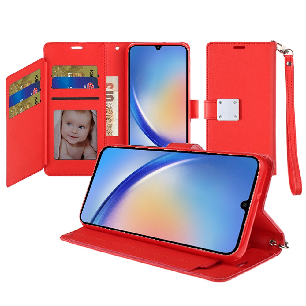For Apple iPhone 16 Pro (6.3") Premium Leather Wallet with Credit Card ID Slots Cash Holder Duo Flip Pouch Stand and Strap Case Cover