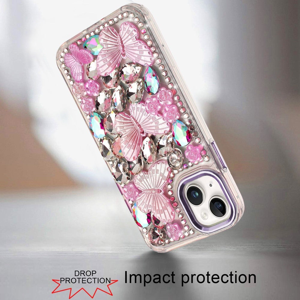 For Samsung Galaxy A16 3D Diamond Floral Butterfly Bling Stone Hybrid, Sparkly Rhinestone Gemstone Back Shockproof Case Cover
