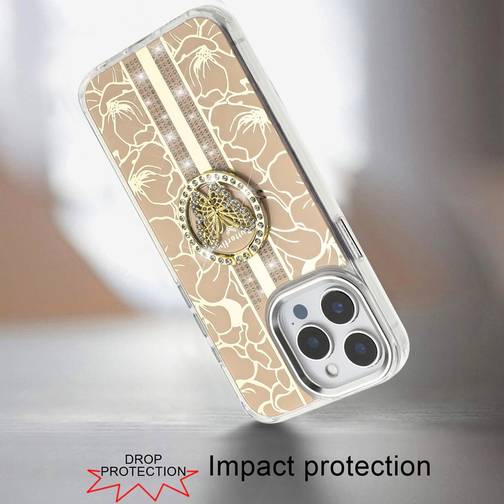 For Motorola Moto G 5G 2025 Diamonds 3D Butterfly Floral Design Bling Sparkly Glitter Hybrid Metal Fashion with Ring Stand Case Cover Gold