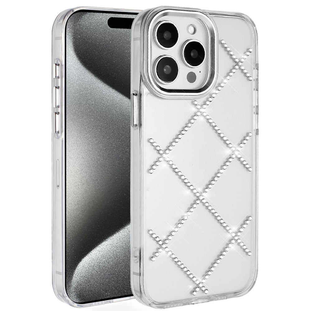 For Apple iPhone 15 Pro Max Gem Glitter Diamond Bling Clear Hybrid TPU Cover, Colorful Shockproof Protective Back, Slim Fit for Women Girls Case Cover