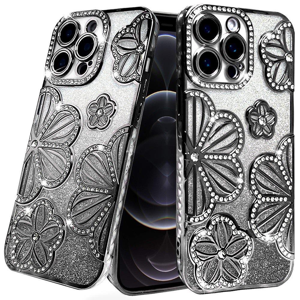 For Samsung Galaxy A16 5G Luxury Flower Design Sparkle Glitter Diamond Rhinestone Shimmer Bling Plating Thick TPU Hard PC Case Cover Flower Black