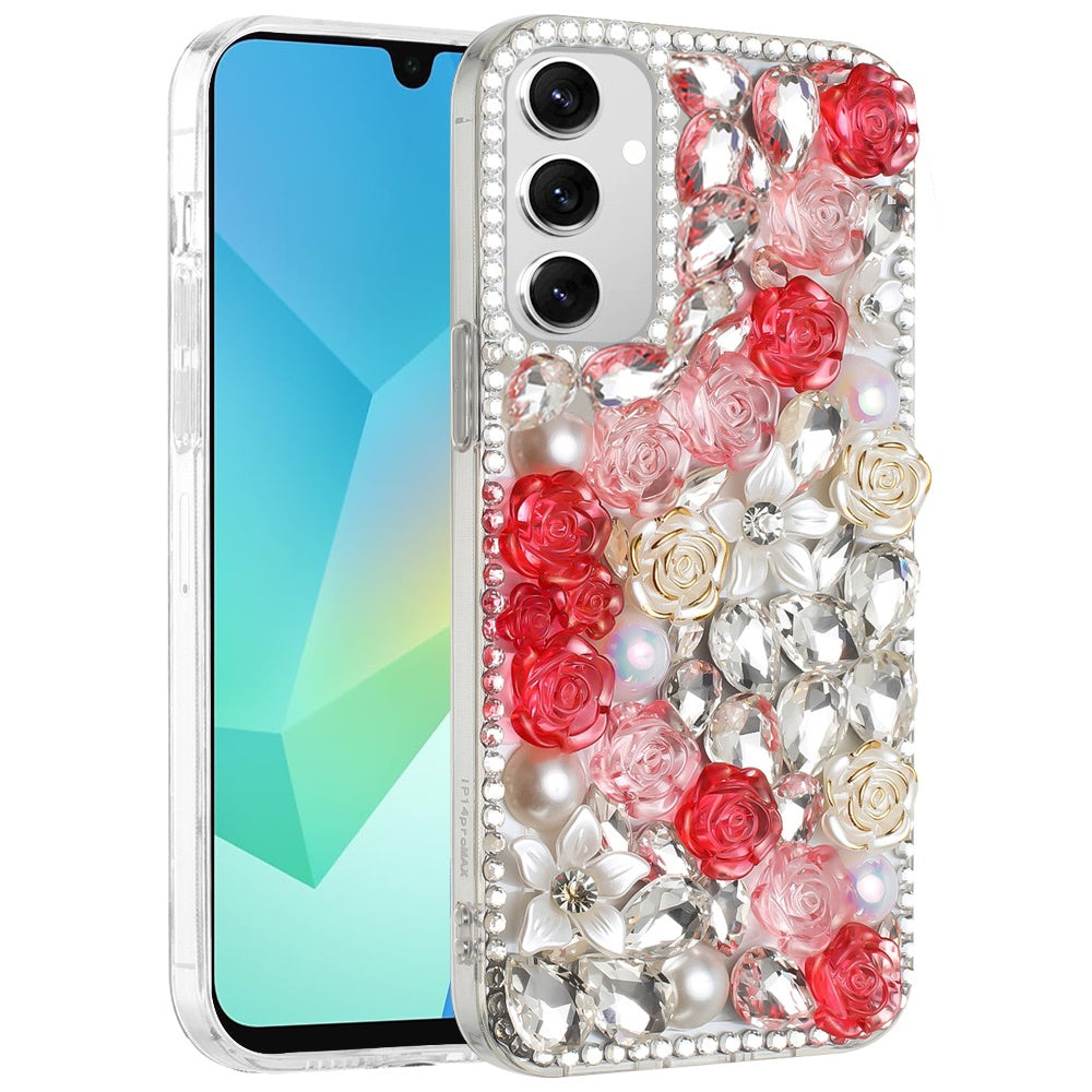 For Samsung Galaxy A16 5G Fashion Rose Flower Floral Bling Crystal 3D Full Diamonds Pearl Sparkle Rhinestone Glitter Hybrid Case Cover