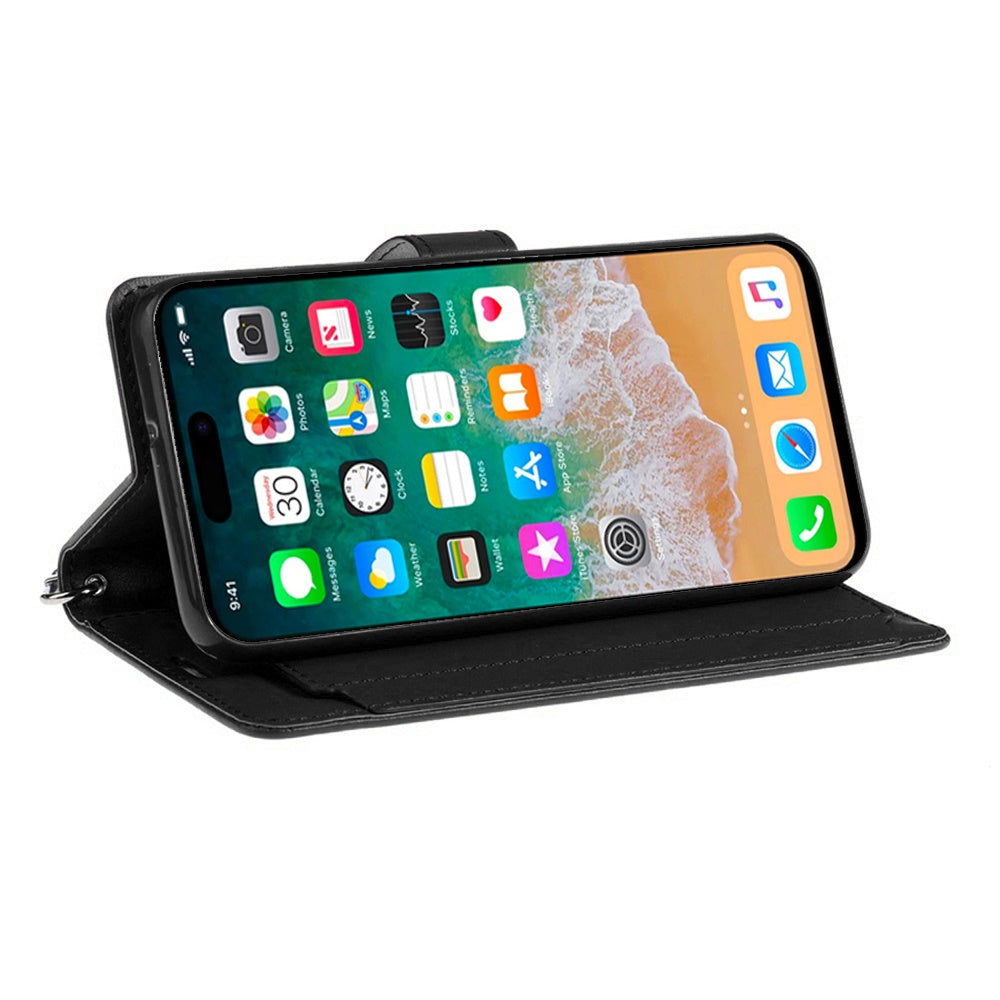 For Samsung Galaxy A16 5G Premium Leather Wallet with Credit Card ID Slots Cash Holder Duo Flip Pouch Stand and Strap Case Cover Black
