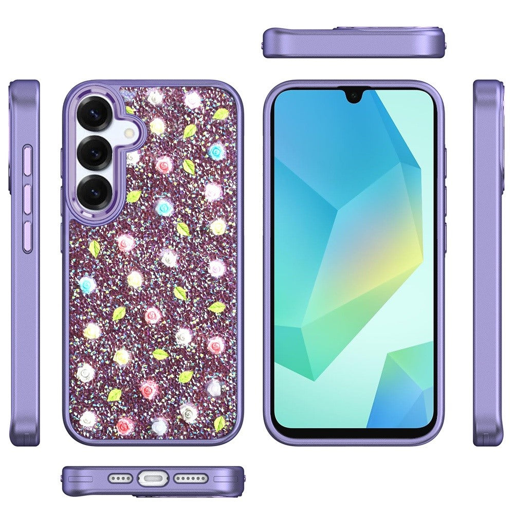 For Samsung Galaxy A16 Floral Design Embedded Glass Diamond Fancy Fashion Glitter Bling Sparkly Hybrid Rugged TPU Bumper Case Cover