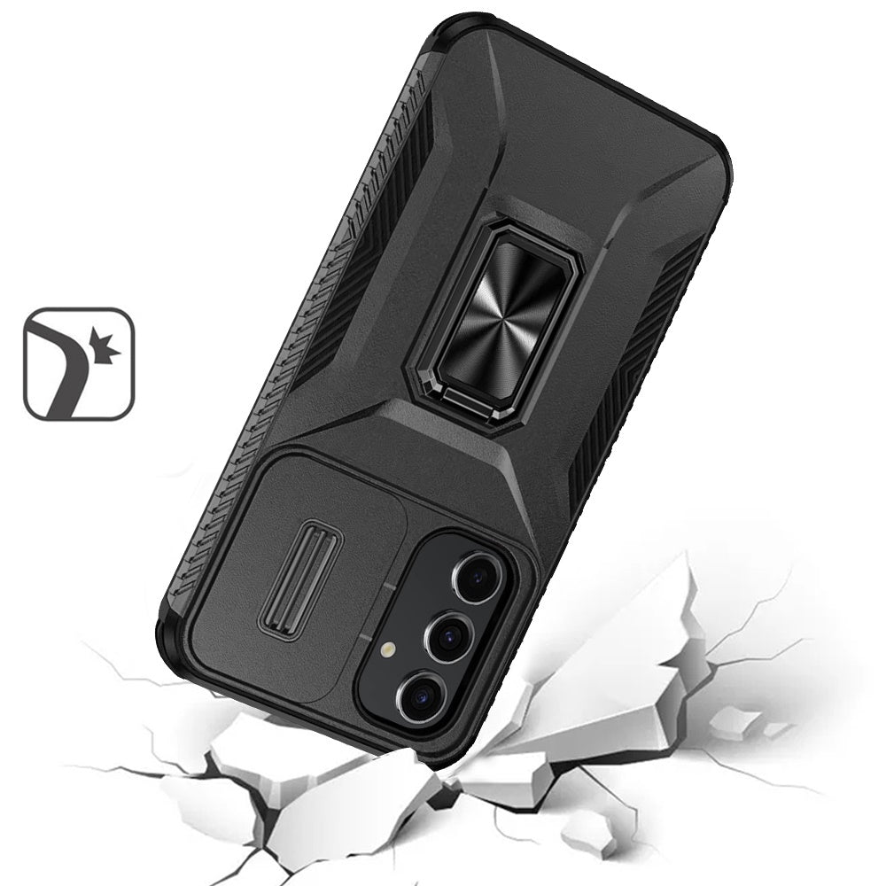 For Samsung Galaxy A54 Case, Camera Cover with Magnetic Rotation Ring Stand, Military Grade Hybrid Hard TPU Shockproof Case Cover Black