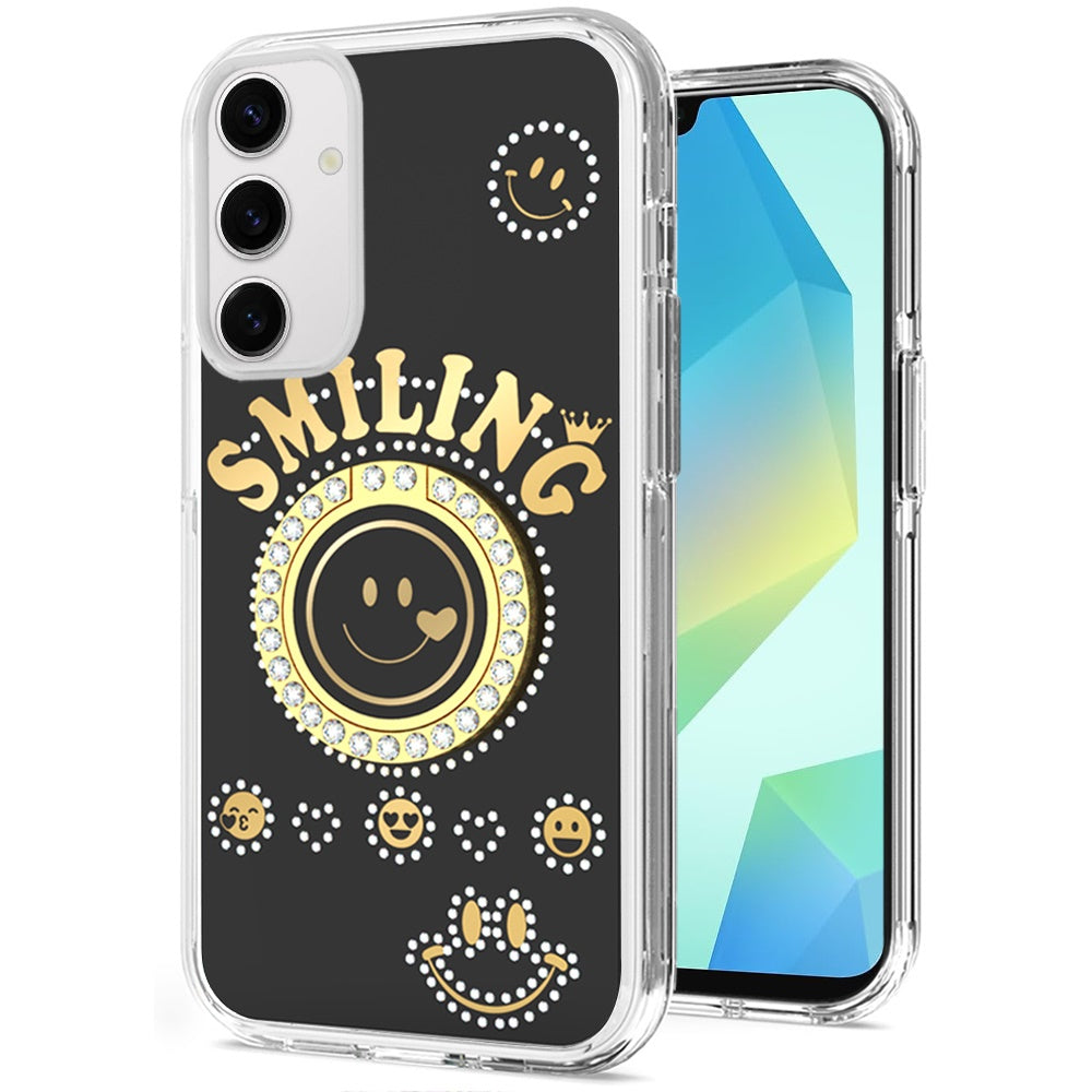 For Samsung Galaxy A16 5G Smiling Glitter Ornament Bling Sparkle with Ring Stand Hybrid Slim TPU + Hard Back Shell Case Cover