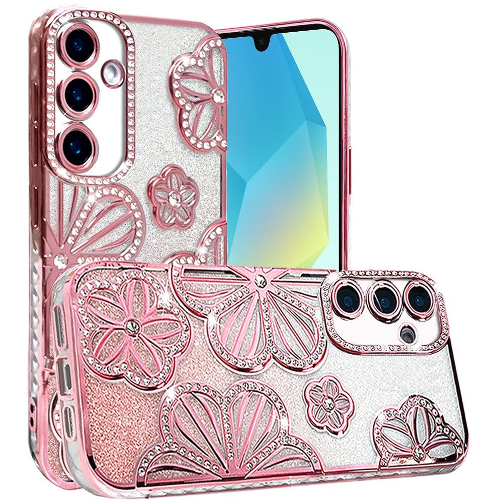 For Samsung Galaxy A16 Luxury Flower Design Sparkle Glitter Diamond Rhinestone Shimmer Bling Plating Thick TPU Hard PC Case Cover