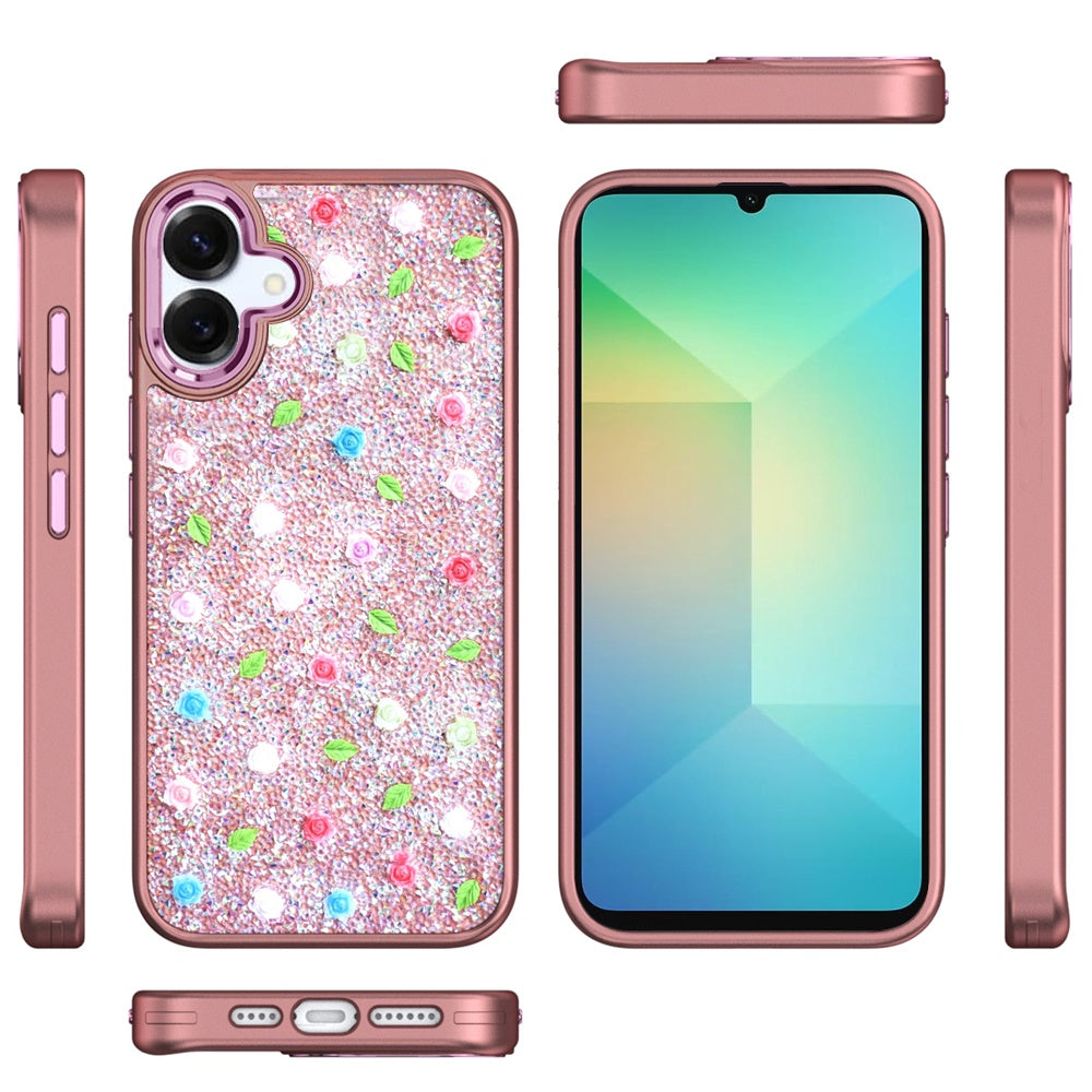 For Samsung Galaxy A06 Floral Design Embedded Glass Diamond Fancy Fashion Glitter Bling Sparkly Hybrid Rugged TPU Bumper Case Cover