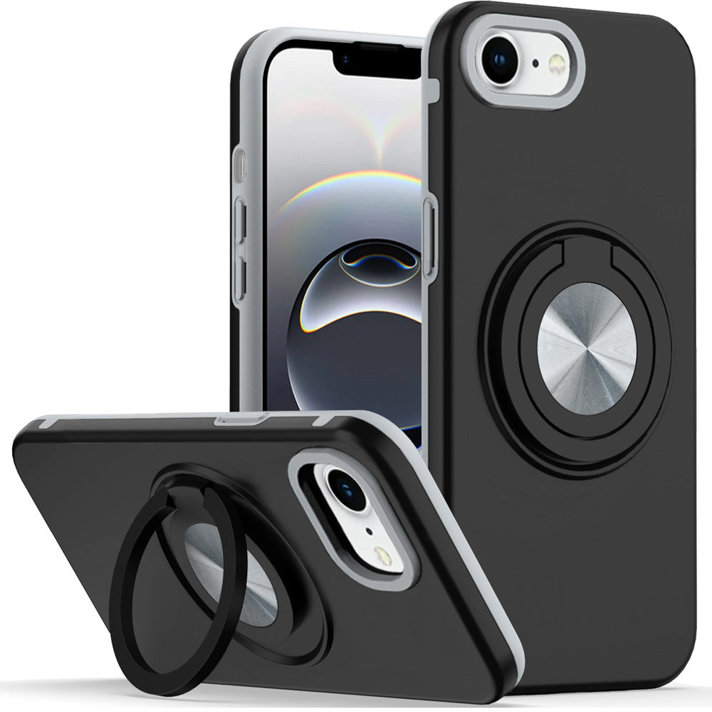 For Apple iPhone 16e Metal Matte Hybrid with Invisible Rotational Ring Stand, Car Mount Friendly, Military Grade Slim Fit Sturdy Case Cover