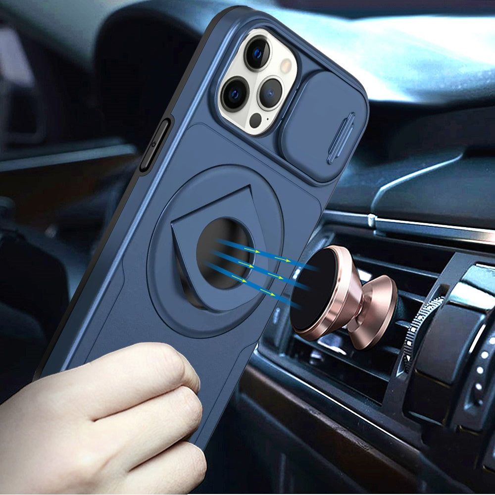 For Samsung Galaxy S21 FE /Fan Edition Full Coverage with Camera Window, Magnetic Circle, Rotatable Ring Stand, MagSafe Compatible, Shockproof Hybrid Protectiv Case Cover Blue