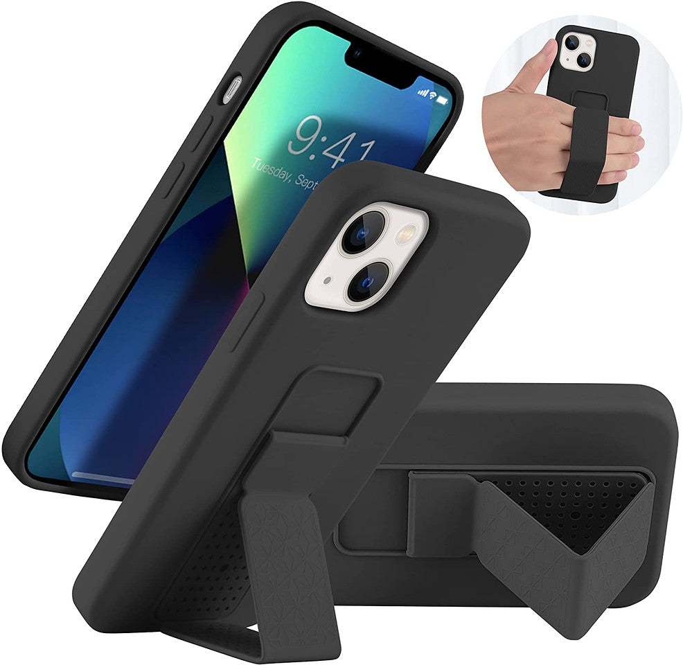 For Apple iPhone 15 Pro (6.1") PU Leather Back Foldable Kickstand Hand Strap Stand Hybrid Heavy Duty Shockproof Phone Case Cover