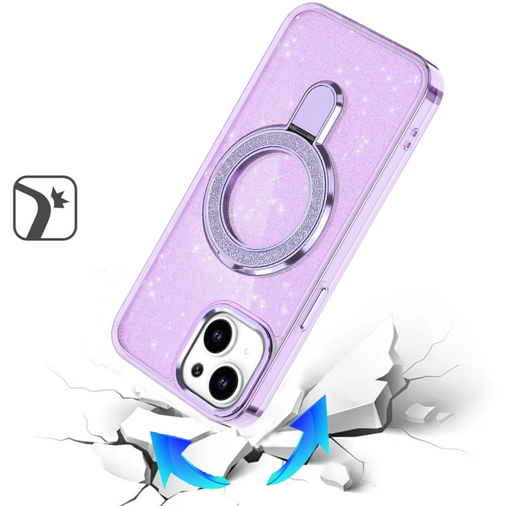 For Apple iPhone 15 Transparent Glitter Bling Case with Rotating Magnetic Ring Stand, Shockproof Hybrid Case Cover
