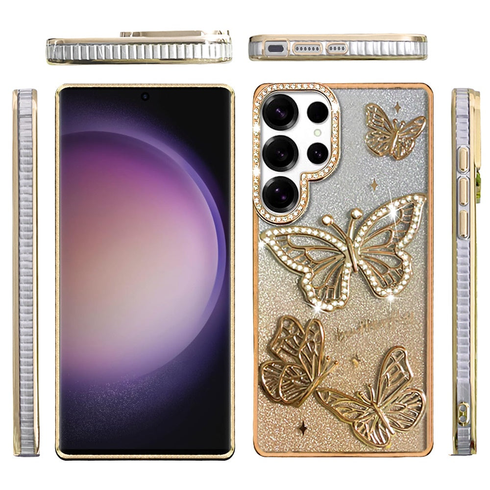 For Samsung Galaxy S24 Ultra Luxury Butterfly Sparkle Glitter Diamond Crystal Rhinestone Shimmer Bling Plating Thick TPU Hard PC Case Cover