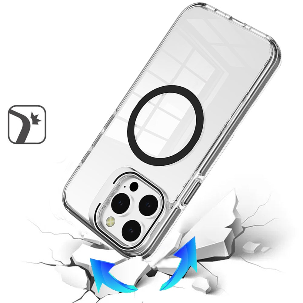 For Apple iPhone 16 Pro (6.3") Built-in Camera Kick-Stand, Compatible with MagSafe, Transparent Colorful Edged Tough Hybrid TPU Case Cover Clear Black