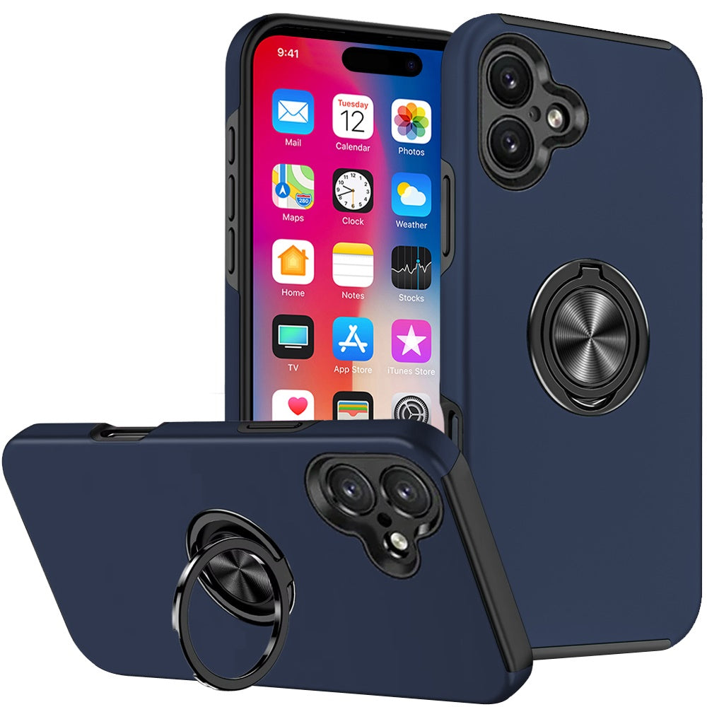 For Apple iPhone 16 (6.1") Hybrid Slim Kickstand with Metal Invisible Ring Stand Holder Fit Magnetic Car Mount Shockproof Case Cover
