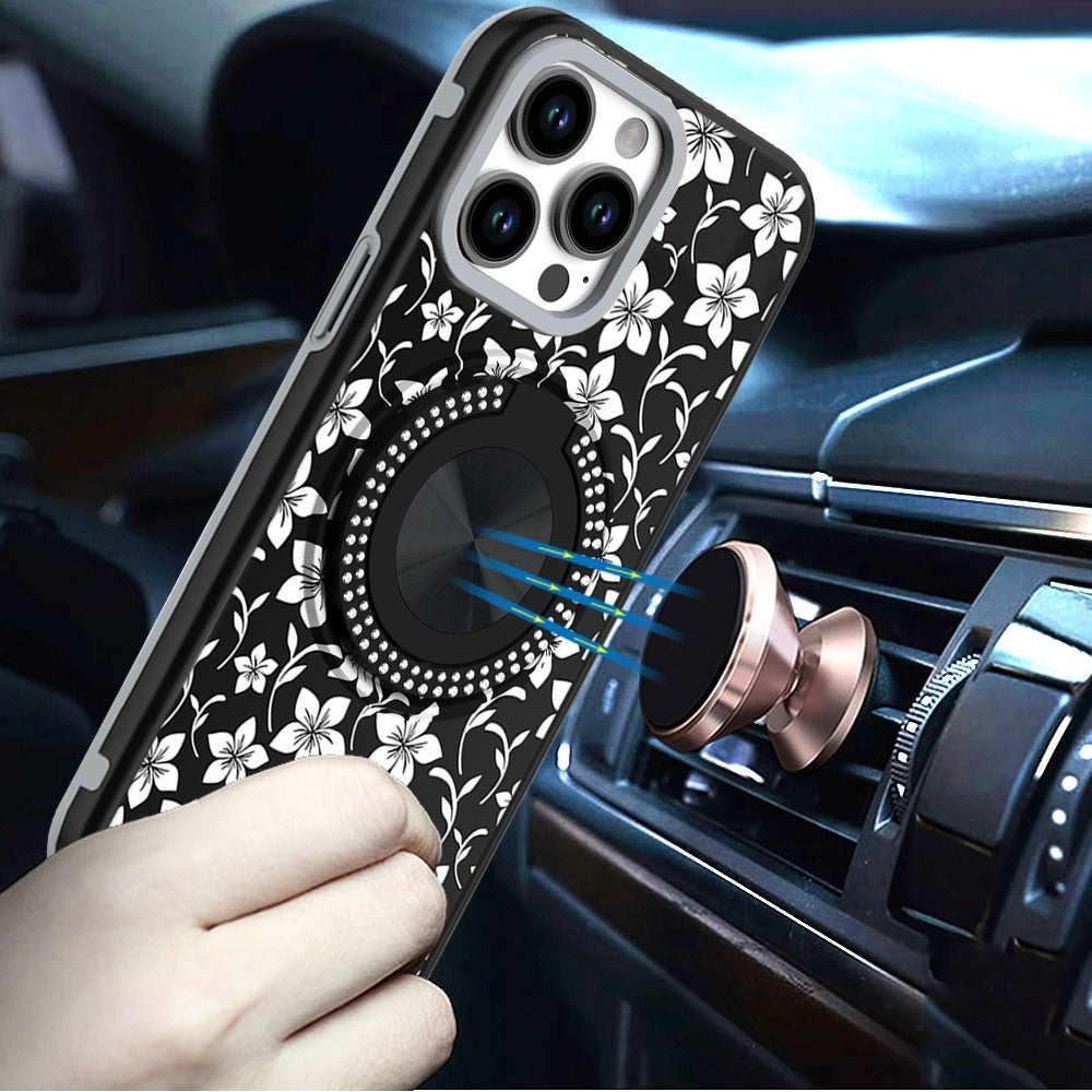 For Apple iPhone 16 (6.1") Pattern Design Hybrid with Invisible Ring Stand & Magnetic Back, Shockproof Protective Grip Case Cover