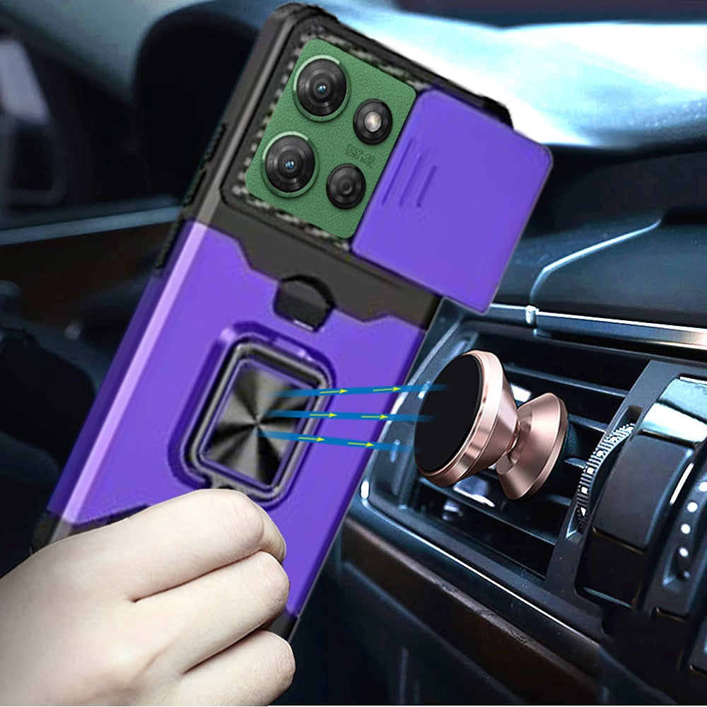 For Motorola Moto G 5G /Moto G 2025 Wallet Case with Ring Stand & Slide Camera Cover Back Credit Card Slot Holder, Military Grade Case Cover Purple