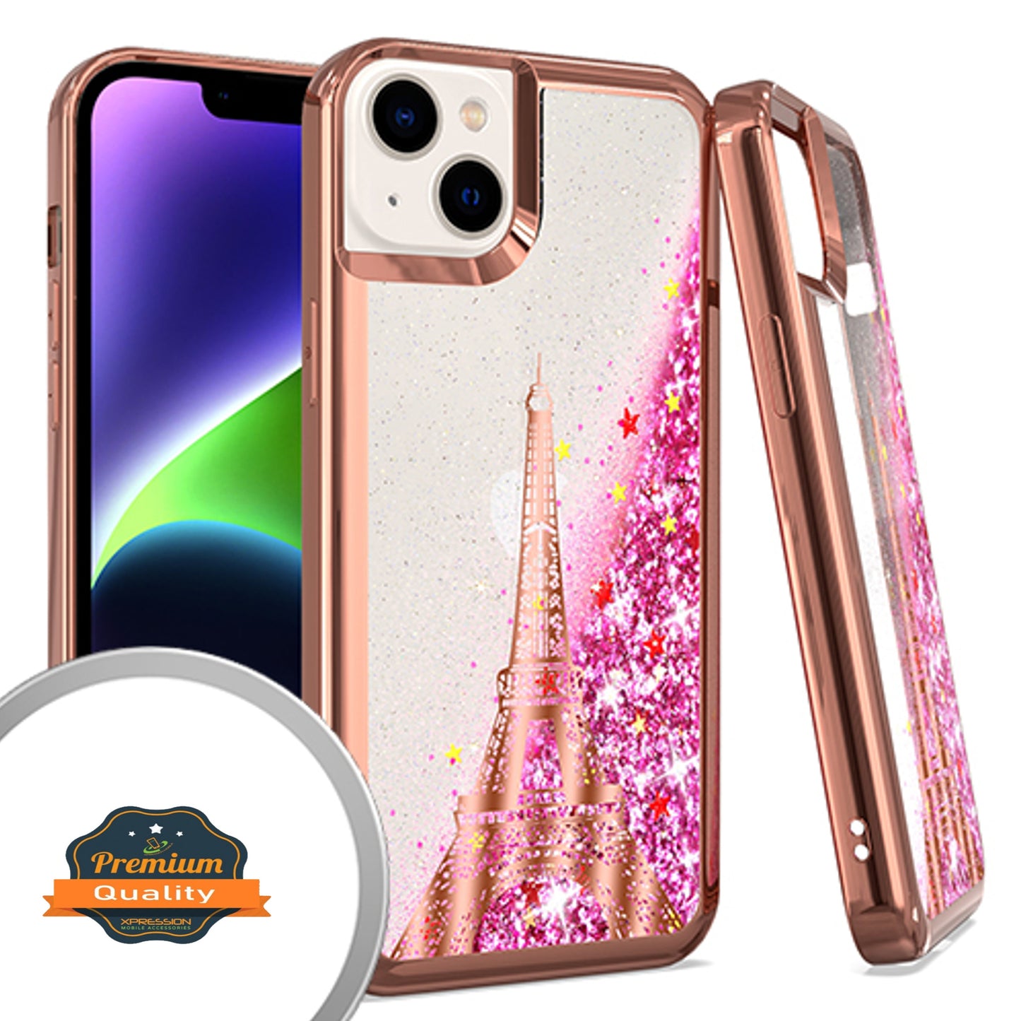 For Apple iPhone 15 Pro Max (6.7") Quicksand Liquid Glitter Bling Flowing Sparkle Fashion Hybrid TPU Chrome Plating Paris Eiffel Tower Phone Case Cover