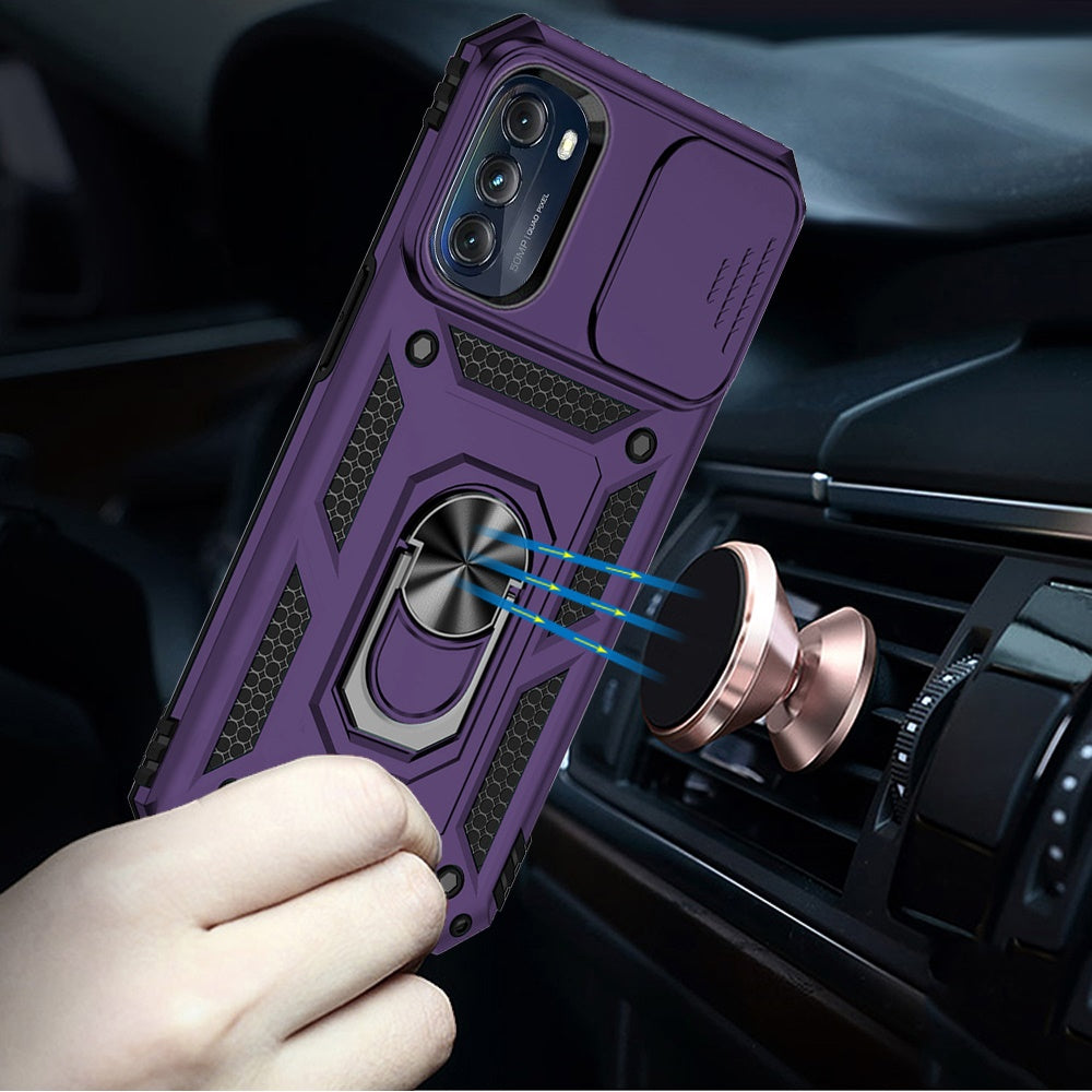 For Motorola Moto G 5G 2025 Hybrid Ring Shockproof with 360° Rotate Ring Kickstand, Camera Lens Protection, Soft Edge Bumper Case Cover Purple