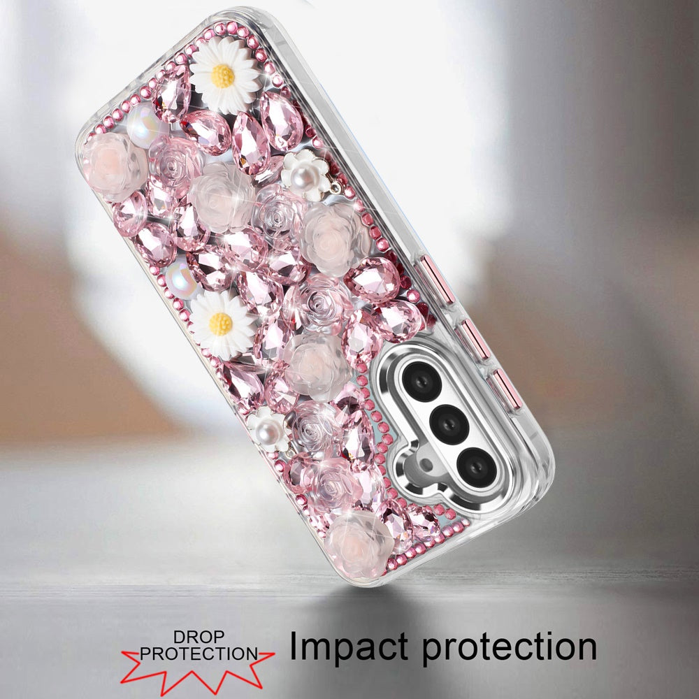 For Samsung Galaxy A36 Fashion Daisy Floral Series, Full 3D Bling Crystal Diamonds Sparkling Rhinestone Glitter Hybrid Design Case Cover Pink